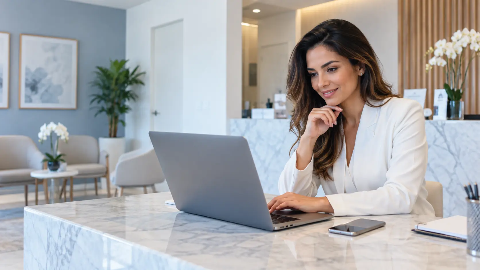 Empresária utilizando site profissional em notebook